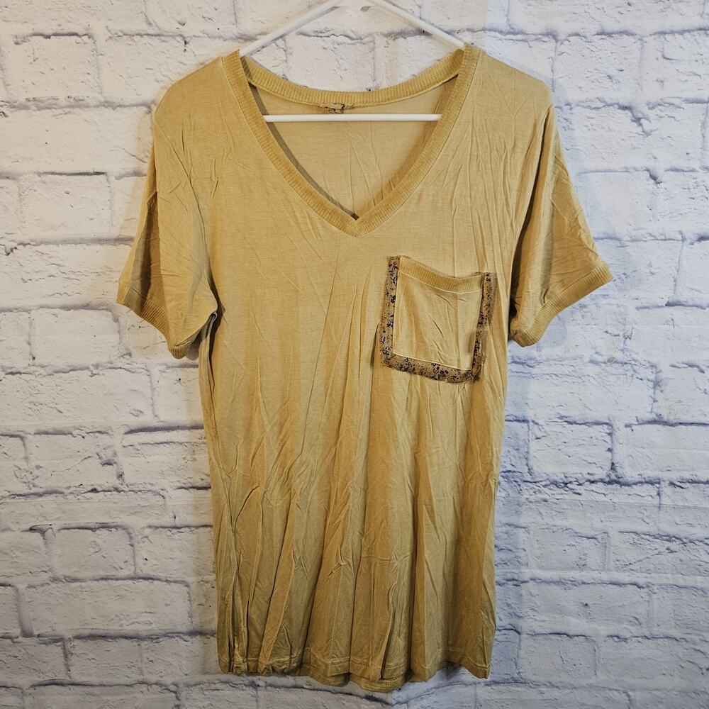 POL Shirt Womens Small Mustard Yellow/Gold Crochet Pocket V-Neck